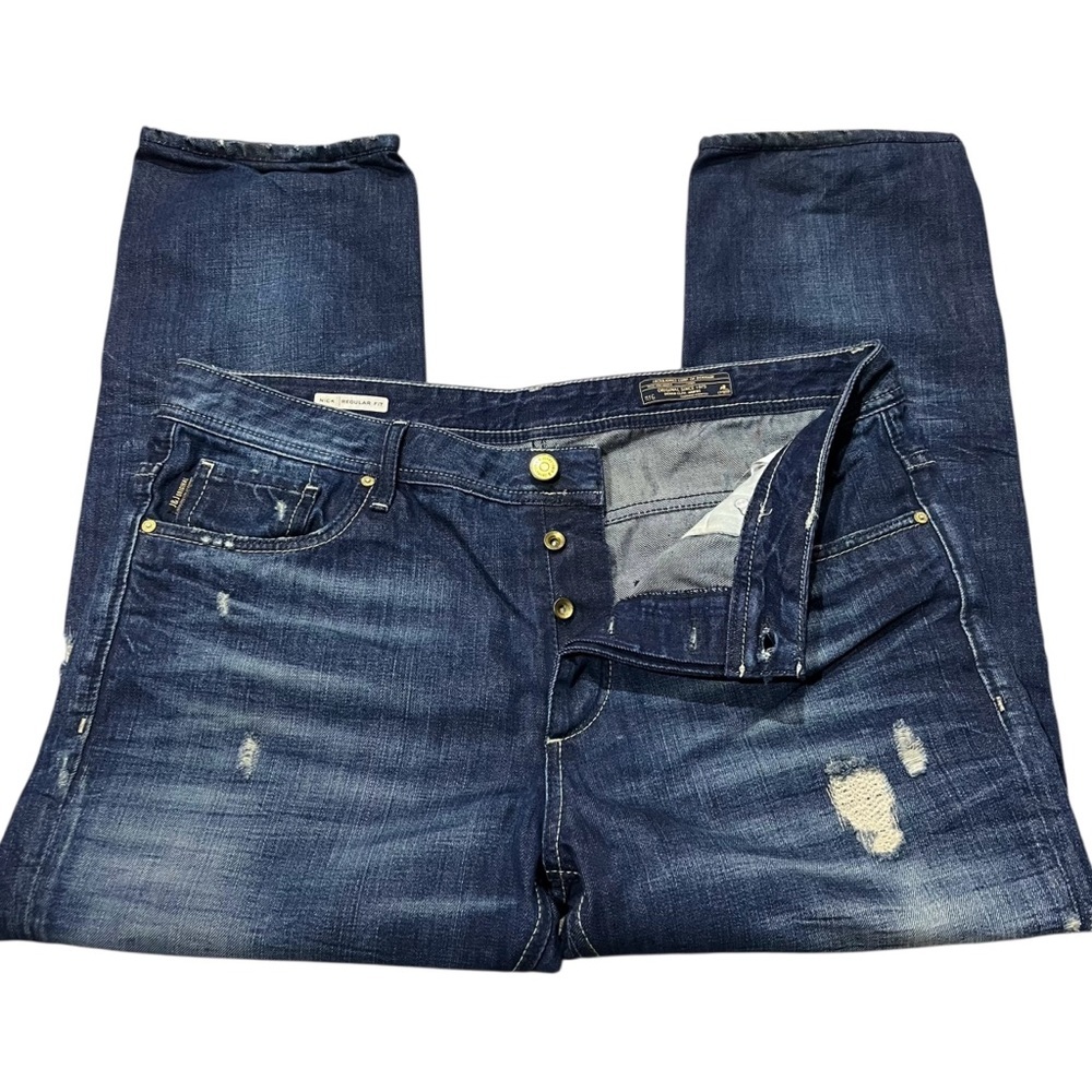 Jack & Jones Nick Jeans 38 x 27 Regular Fit Distressed Straight Leg Button Fly